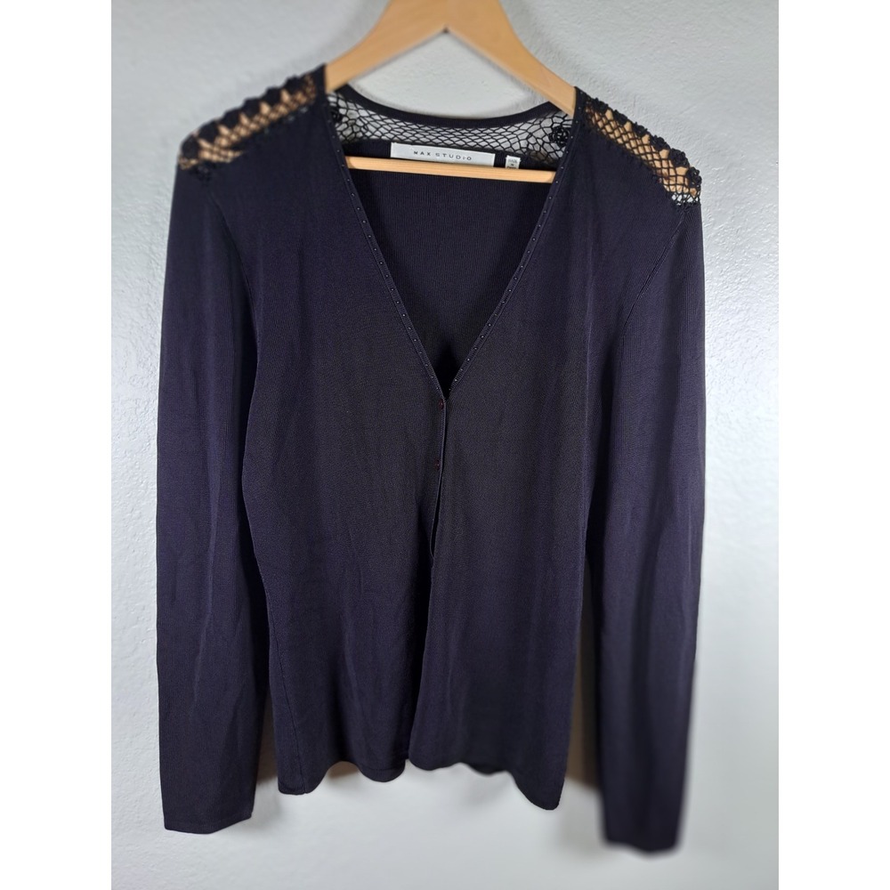Max Studio Black Crochet Lace Shoulder Beaded V-Neck Cardigan Sweater SB31121